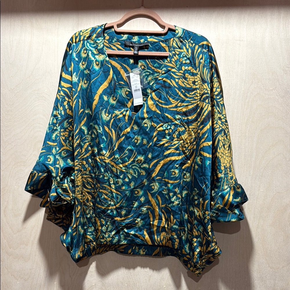 White House Black Market Blue and Yellow Bell Sleeve Blouse